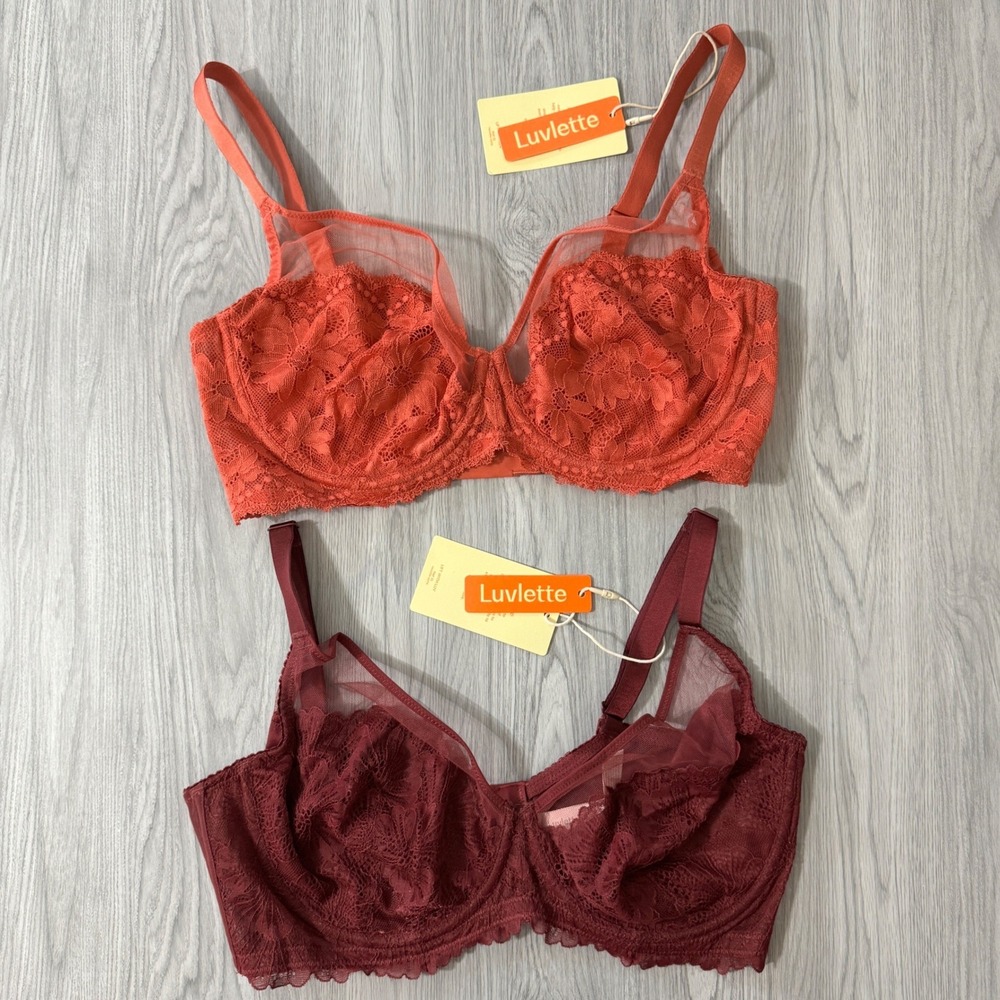 Luvlette NWT Lace Underwire Unlined Bra Set 2pk Peach Plum Sheer Mesh 70F(32DD)